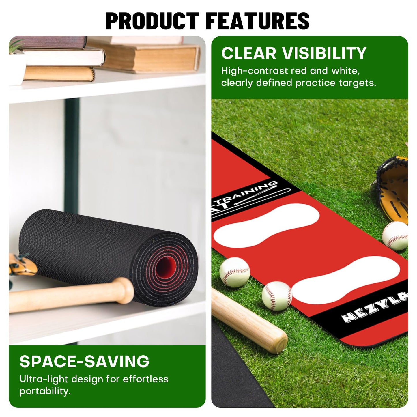 Nezylaf Softball Pitching Mat for Young Baseball Beginner - Non-Slip Portable Softball Training Mat for Hitting Practice - 54'' x 12'' Durable Batting Mat for Indoor/Outdoor Use (Lightweight)