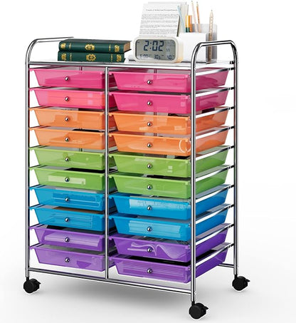 COSTWAY 20-Drawer Rolling Storage Cart, Utility Storage Organizer Cart for Tools, Scrapbook, Paper, Craft, Multipurpose Storage Trolley on Wheels for Home Office School (Rainbow)