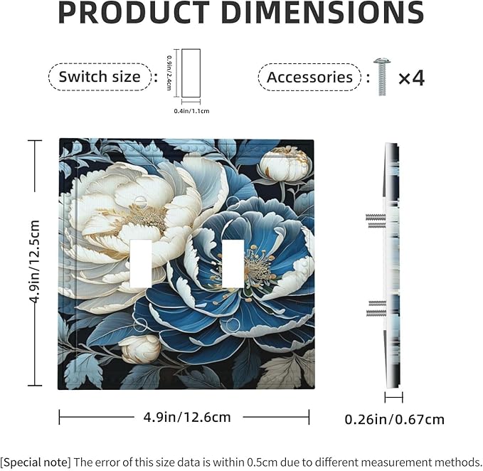 White Blue Flower Peonies Light Switch Covers Double Toggle 2 Gang Wall Plate Dual Decorative Switchplate Electrical Faceplate for Farmhouse Living Room Decor