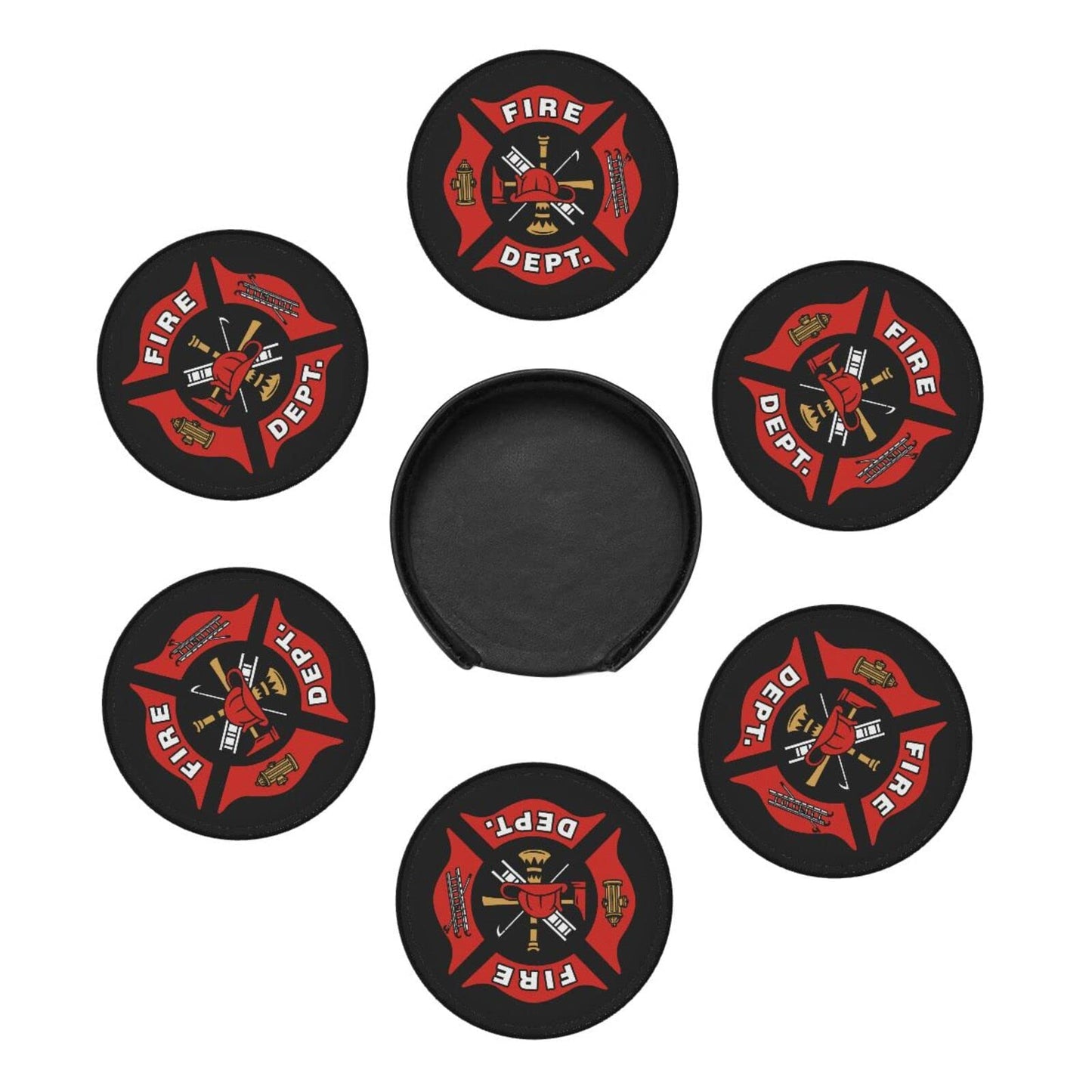 SEPTYK Firefighter Fire DEPT. Logo Rescue Pattern Coasters for Drinks with Holder Set of 6 Leather Round 4" for Home Kitchen Decor Coffee Cup Housewarming