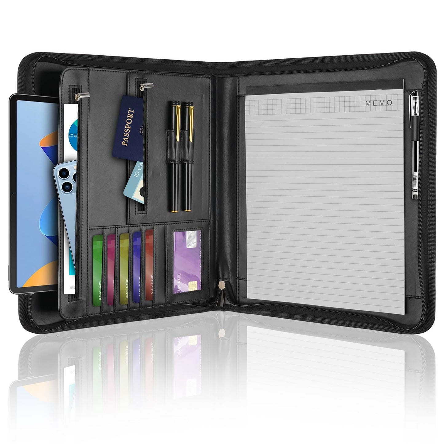 Leather Padfolio Portfolio Binder Organizer, with 25 Pages Notepad & 13" Tablet Sleeve, Professional Conference Meeting Business Zipper Folder for Letter Size A4 Legal Writing Pad Document Men Women