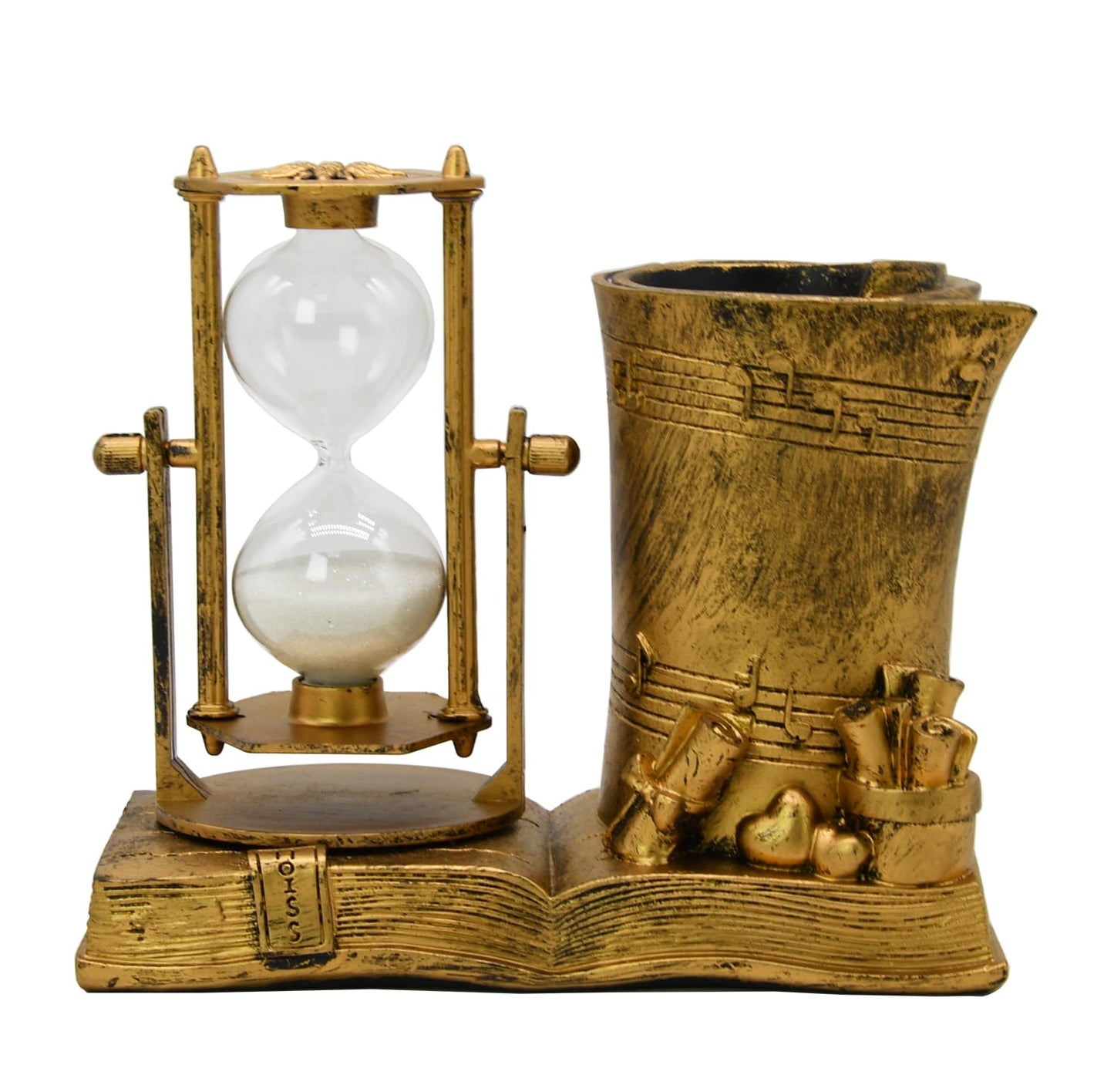 Music-Themed Pencil Holder with Hourglass, Resin Desktop Organizer for Office & Study, Pen Holder with Sand Timer, Classic Addition Scissors Storage, Artistic Accessory Gift