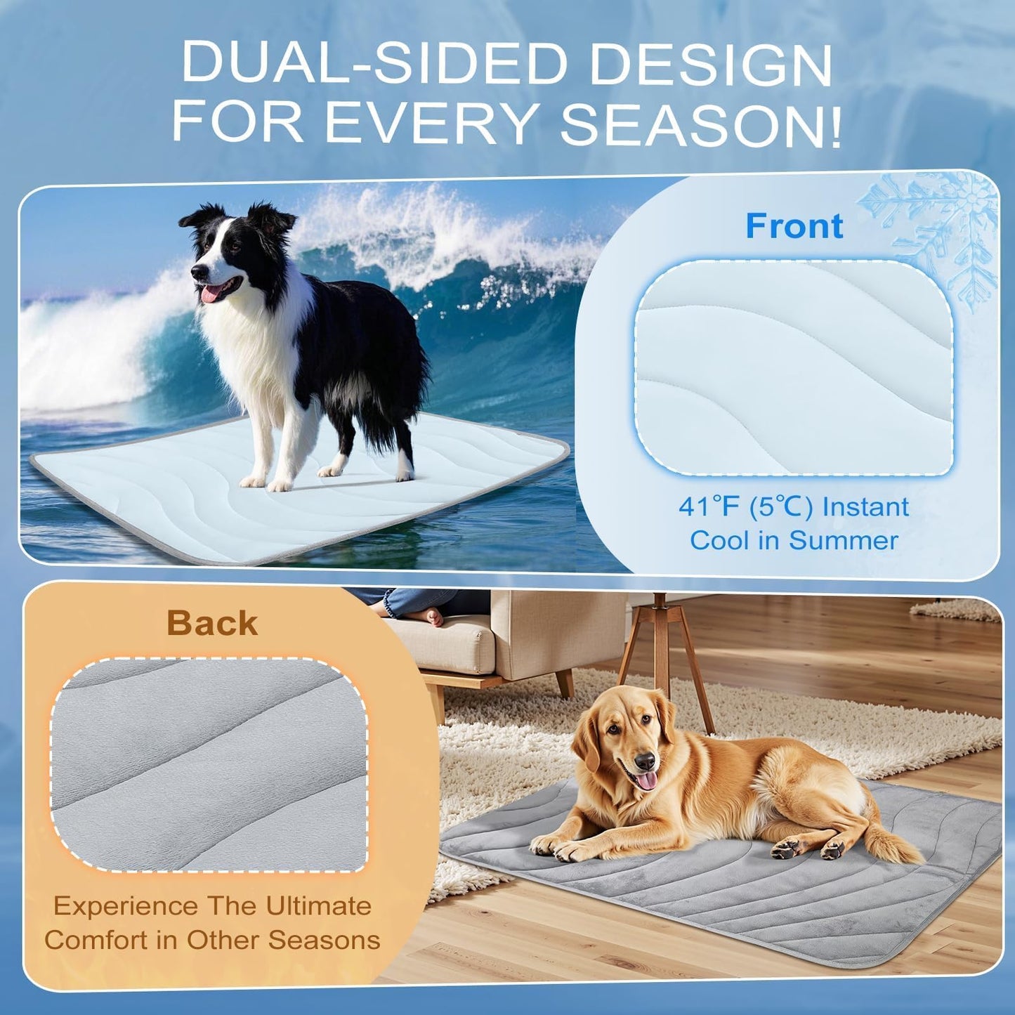 Cozyide Dog Cooling Mat, Q-Max>0.45 Thin Breathable Cooling Mat for Large Dogs, Washable Reversible Dog Pad for Four Seasons, 36" L x 23" W, Ocean Blue