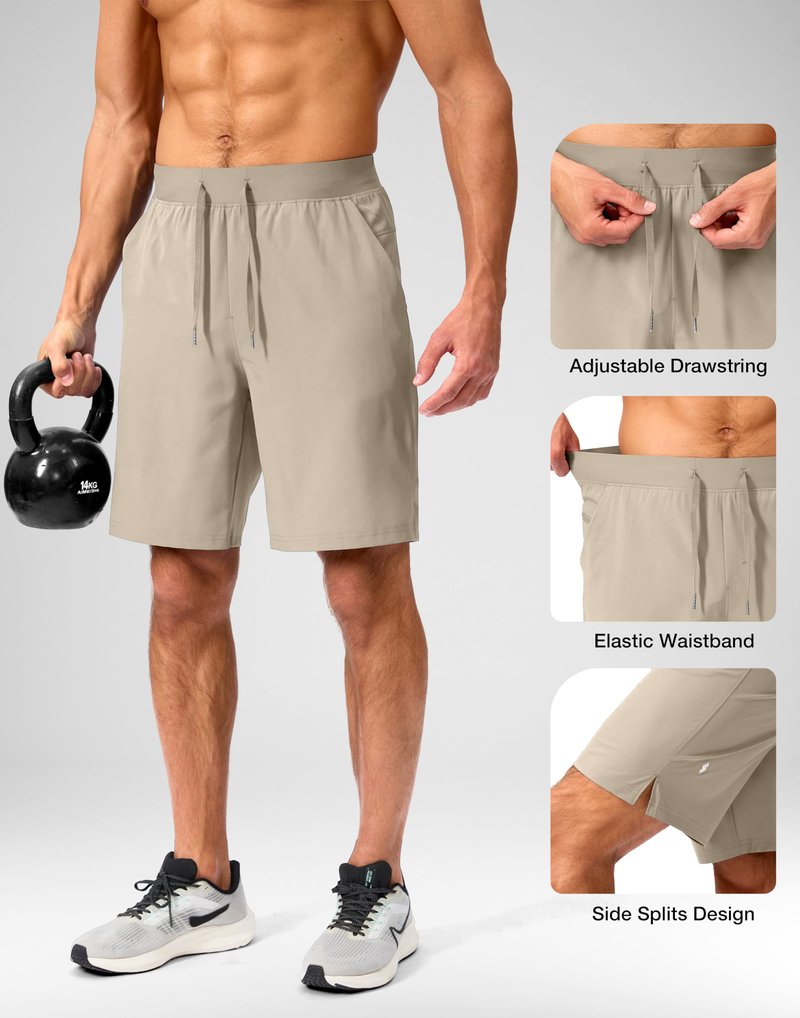 Soothfeel Men's Running Shorts with Zipper Pockets 9 Inch Lightweight Quick Dry Gym Sports Athletic Workout Basketball Shorts for Men (Khaki, M)