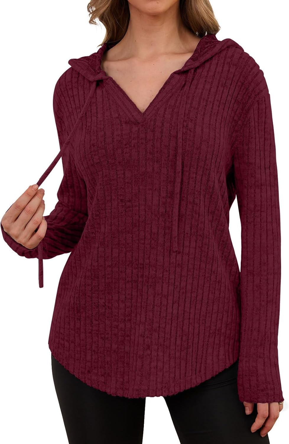 Lylinan Womens Cozy Knit Sweaters Hoodies Ribbed V Neck Pullover Sweatshirts for Fall Outfits S-XXL