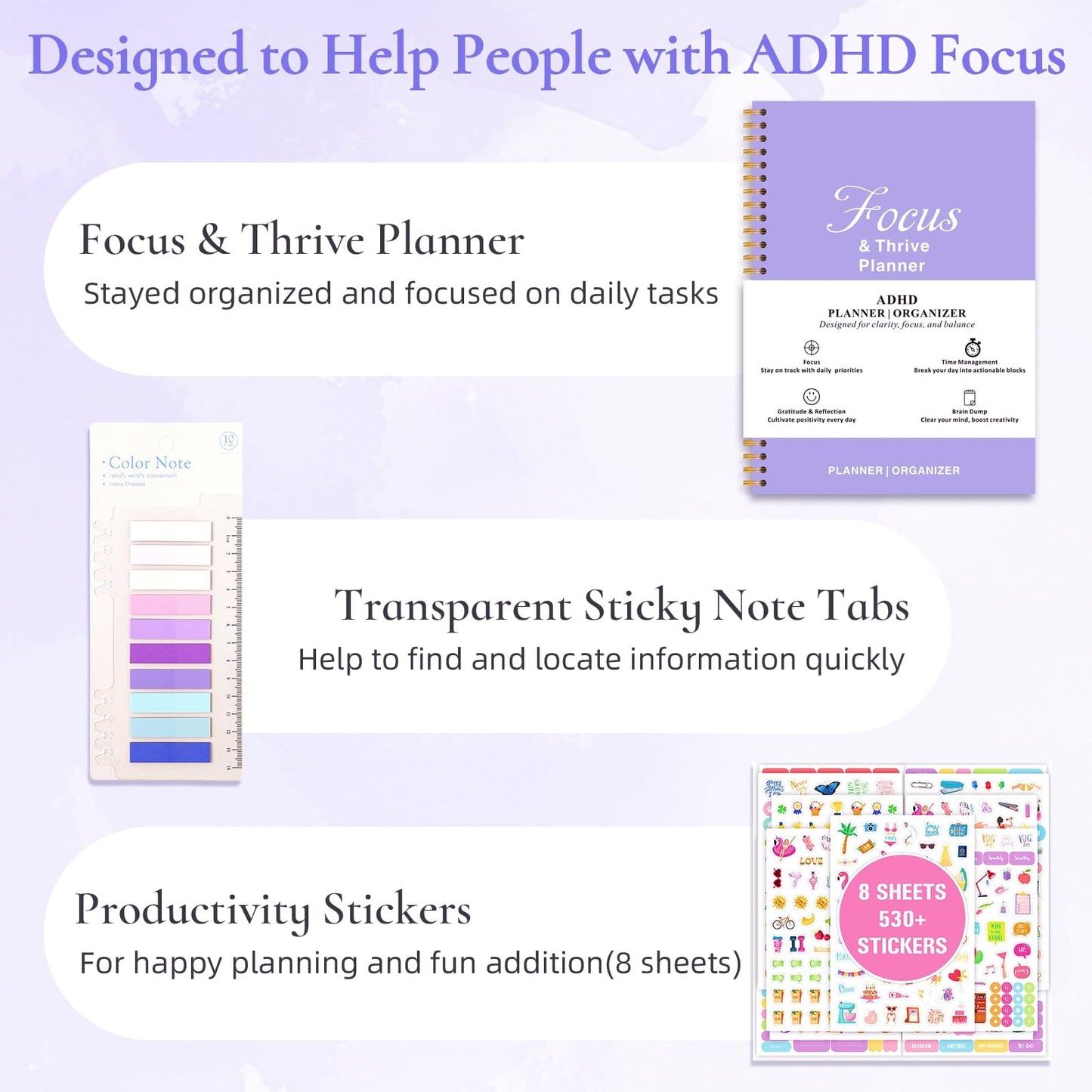ADHD Daily Planner for Neurodivergent Adults - Focus & Thrive Planner, Undated Task Management Organizer, Productivity Planners for Women to Stay Organized - Larger Size 7 * 10in (Purple)
