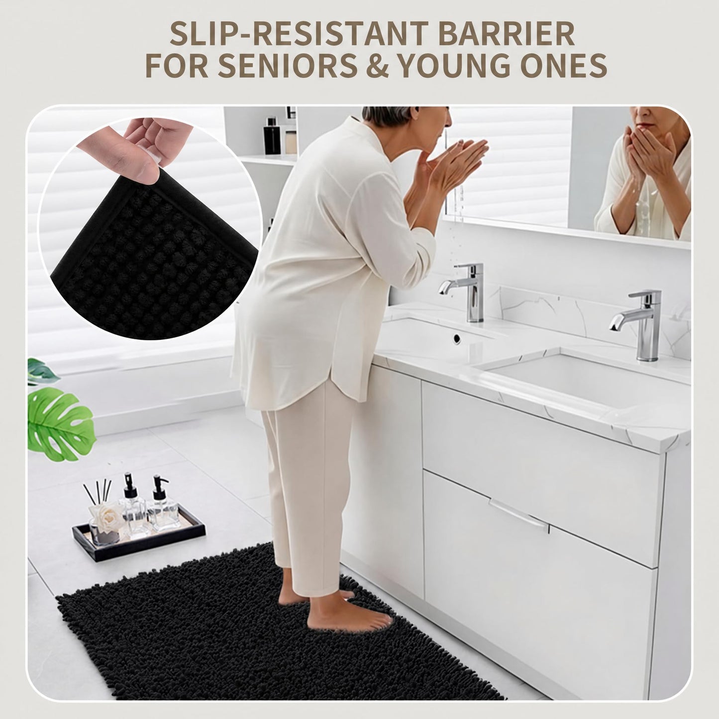 Ruggnovea Bathroom Rugs Non Slip Washable 32x20, Extra Thick Soft Chenille Absorbent Bath Mat, High Density Barrier Non Slip Backing, Quick Dry Plush Shaggy Floor Carpet for Tub&Shower, Black