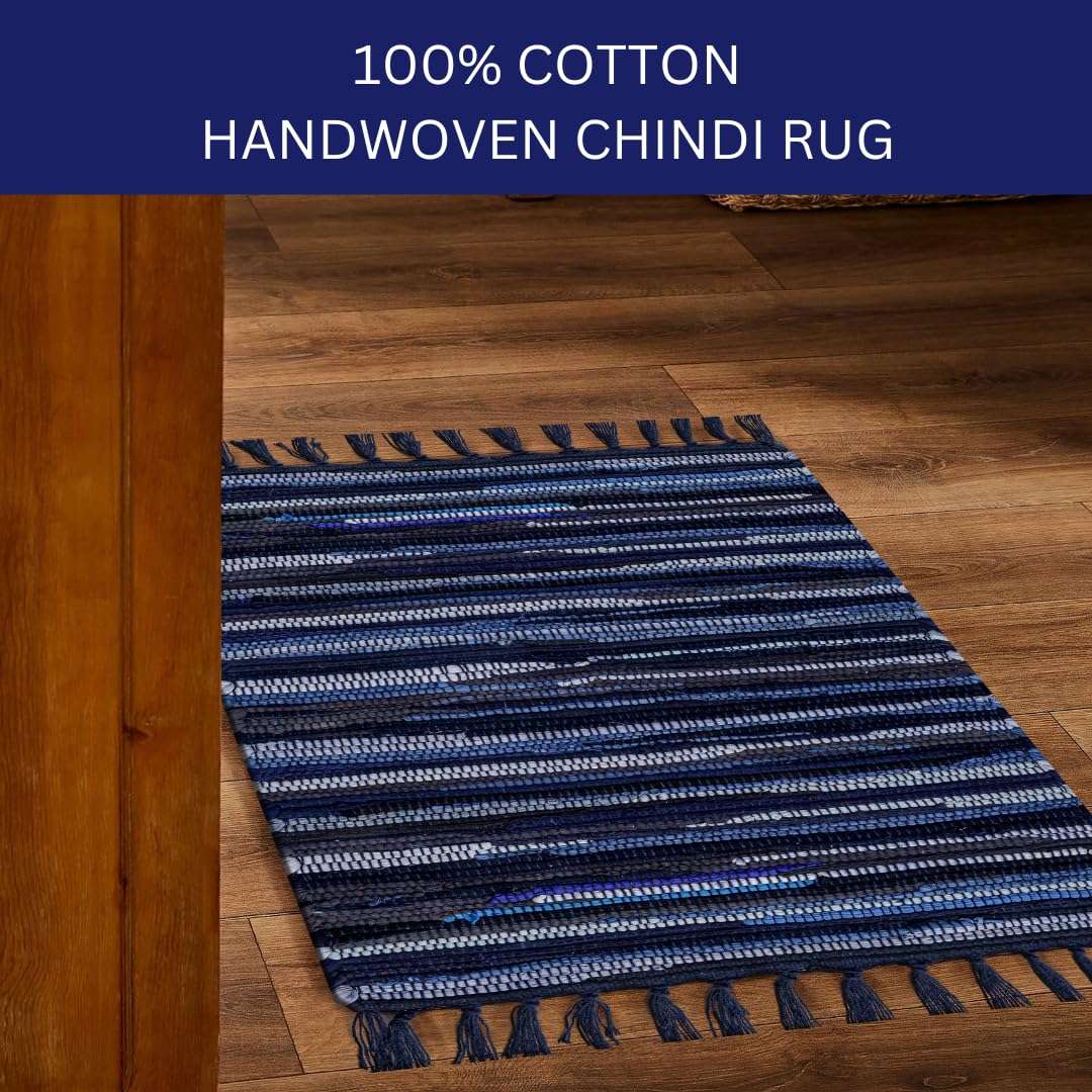 CottonCove Cotton Chindi Rug - Boho Rustic Area Accent Throw Rug - Area Floor Carpet for Bedroom Living Room Kitchen Dorm Entryway Hallway - 20x32 inch Hand Woven Reversible Area Rug Blue Multi