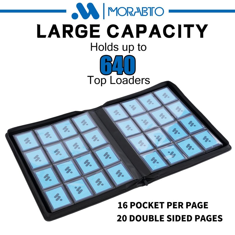 MORABTO Top Loader Binder, Holds 640 Top Loaders,16 Pocket Top Loader Binders for 3" x 4" Rigid Cards,Top Loader Card Binder for Hard Plastic Top Loaders -Black