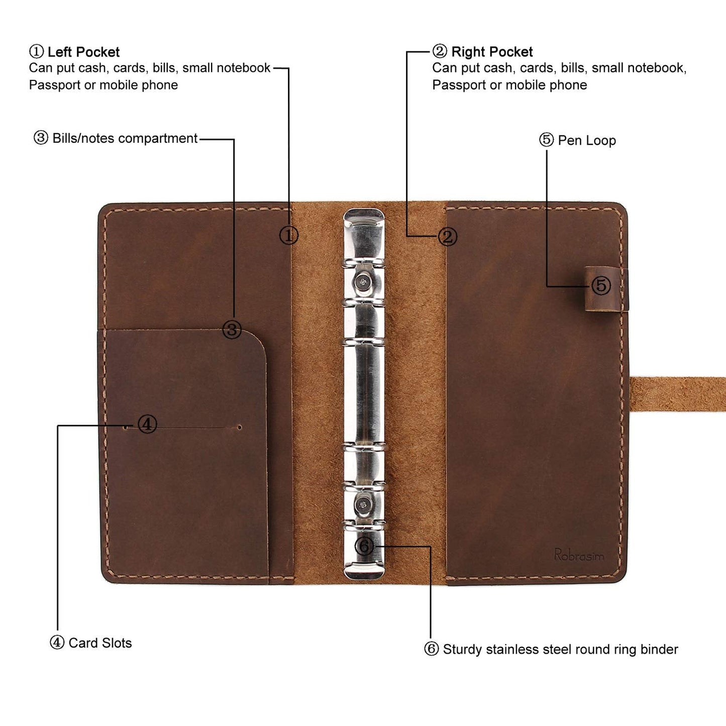 Genuine Leather Journal Writing Notebook, A6 Ring Binder Refillable Diary Notepads, Vintage Handmade Travel Organizer Agenda for Men Women - Brown