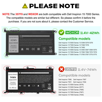TREE.NB WDX0R Laptop Battery Replacement for Dell Inspiron 13 15 5000 7000 Series 5565 5567 5570 5578 7560 7570 7573 7579 5368 5378 Latitude 7368 17 5765 5767 Series Notebook 3CRH3 T2JX4 11.4V 42Wh