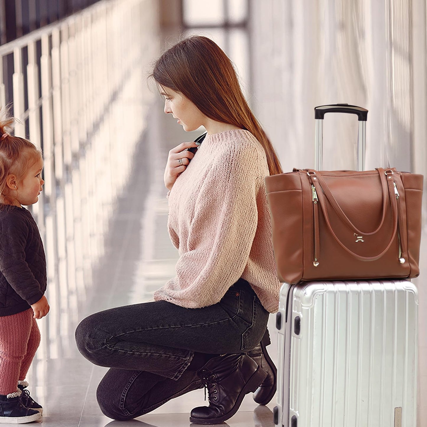 miss fong Diaper Bag Tote Leather Diaper Bag Backpack, Large Capacity Mommy Bag Hospital Bag, 12 Pockets Travel Diaper Tote with Changing Pad Pañaleras Para Bebe for Mom & Dad-Brown