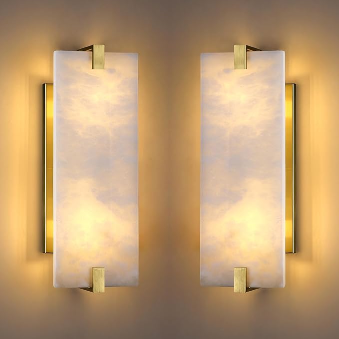 2 Pack 2 Light Square 14.7" Alabaster Marble Bathroom Wall Sconce Modern Concise Style Wall Light Fixture,Gold Finish for Bedroom Hallway Bedside