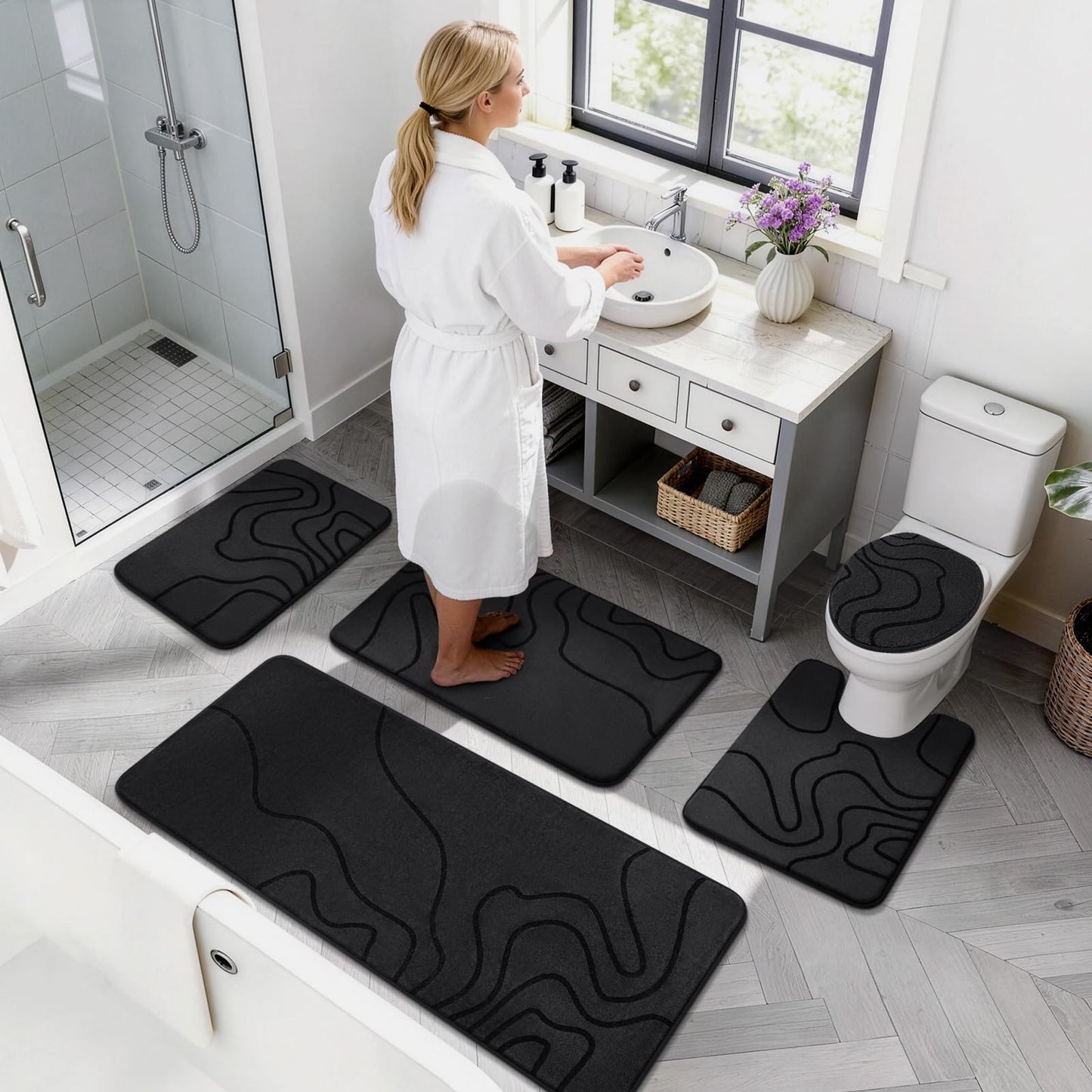YIHOUSE Memory Foam Bathroom Rugs Sets 2 Piece - Extra Thick Ultra Soft Absorbent Bath Mat Set, Non-Slip Machine Washable Bath Rugs for Bathroom, Tub & Shower, Home Decor (17"x24"+20"x46", Black)