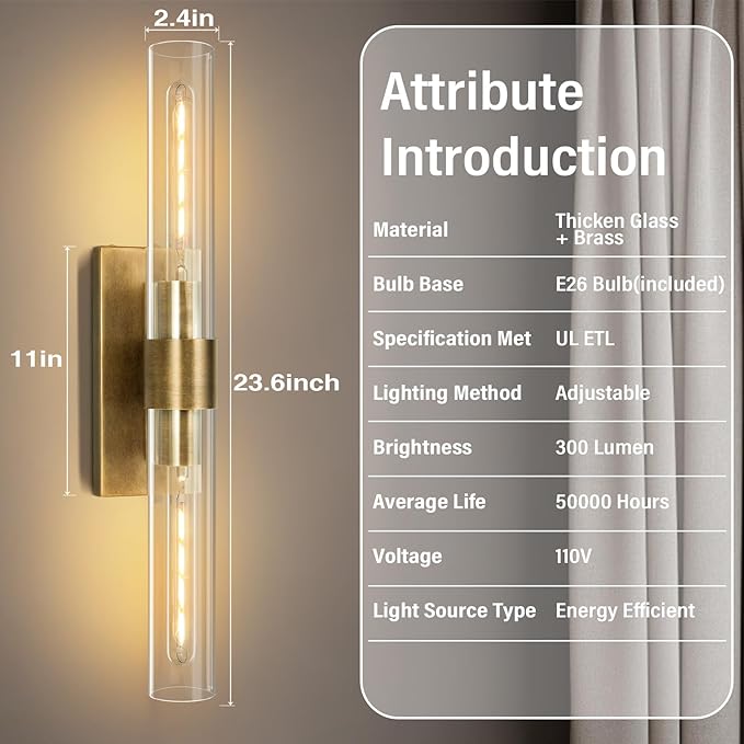 Wall Sconces, 22.8" Gold Bathroom Sconces Wall Lighting with Clear Glass, Modern Sconces Wall Decor Brass Light Fixtures for Bathroom Mirror Living Room Hallway Bedroom