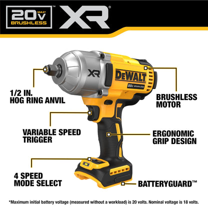 DEWALT 20V MAX Cordless Impact Wrench, 1/2 Impact Gun, 4-Speed High Torque with Hog Ring Anvil and LED Light, Brushless Motor, Precision Wrench, Tool Only (DCF900B)