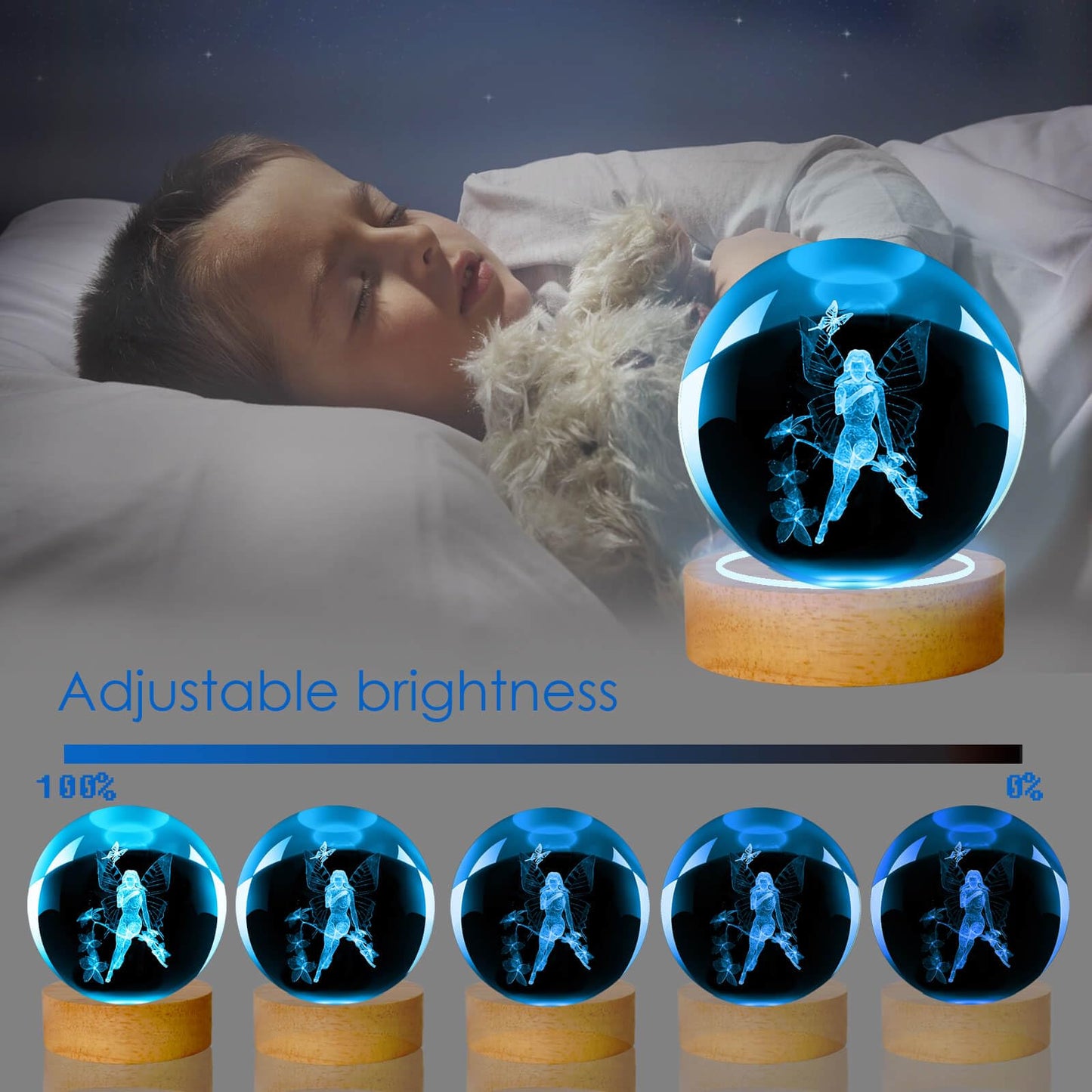 LINSINA 3D Butterfly Lamp, 3.15in 16 Colors Crystal Ball Night Light with Wooden Base and Remote Control, Birthday and Fairy Gifts for Women Men Kids (Fairy)