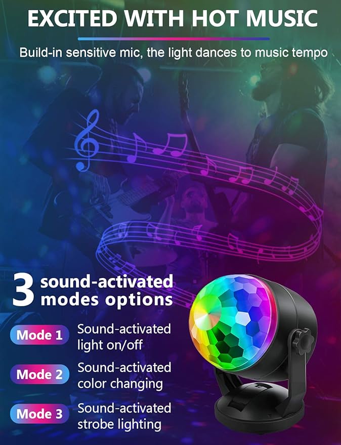 Luditek 3-Pack Disco Ball Party Lights, Sound Activated Battery Operated/USB Strobe Light w/Remote for Parties Karaoke Dancing Christmas Halloween Party Decorations Supplies for Home Room Indoor