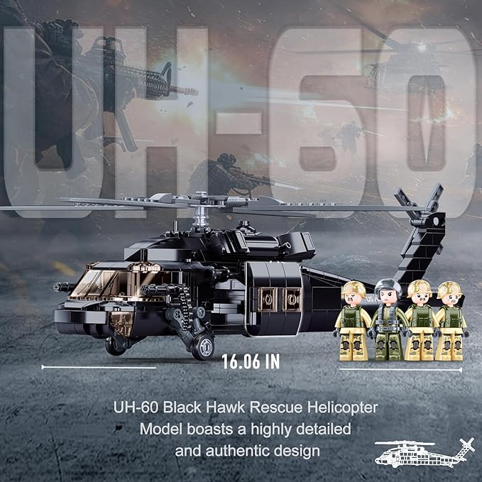 UH-60 Black Hawk Helicopter Military Set Army Airplane Building Bricks Rescue Helicopter Model Kits with 4 Soldier Minifigures Gifts for 6-12 Year Old Kids Compatible with Lego 692 PCS