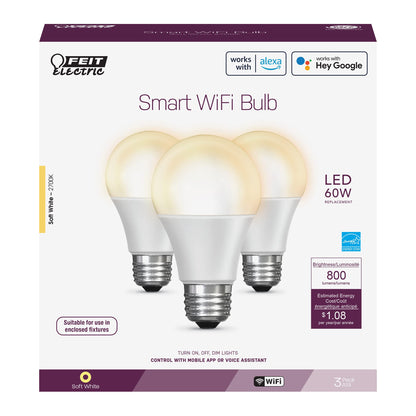 Feit Electric Smart Light Bulbs with RGB Color Changing and Tunable White, 2.4Ghz WiFi Light Bulbs, No Hub Needed, Works with Alexa and Google, Dimmable 60 Watt = LED 9W, OM60/RGBW/CA/AG/3, 3 Pack