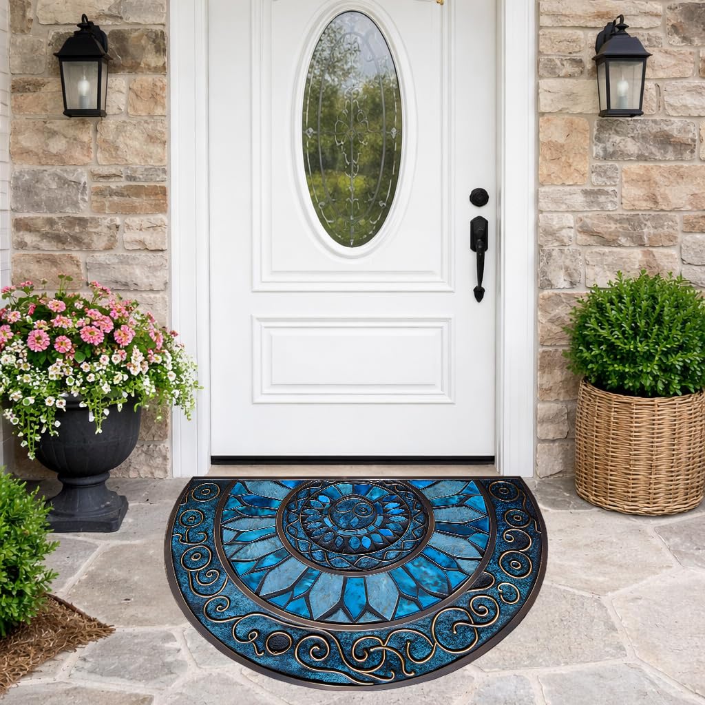 Half Round Door Mat 35.4 x 23.6 Inch, Non Slip Washable Semicircle Entryway Rug, Blue Mosaic Floor Mat for Front Door Kitchen Bathroom Patio(Blue, 35.4 x 23.6inch)
