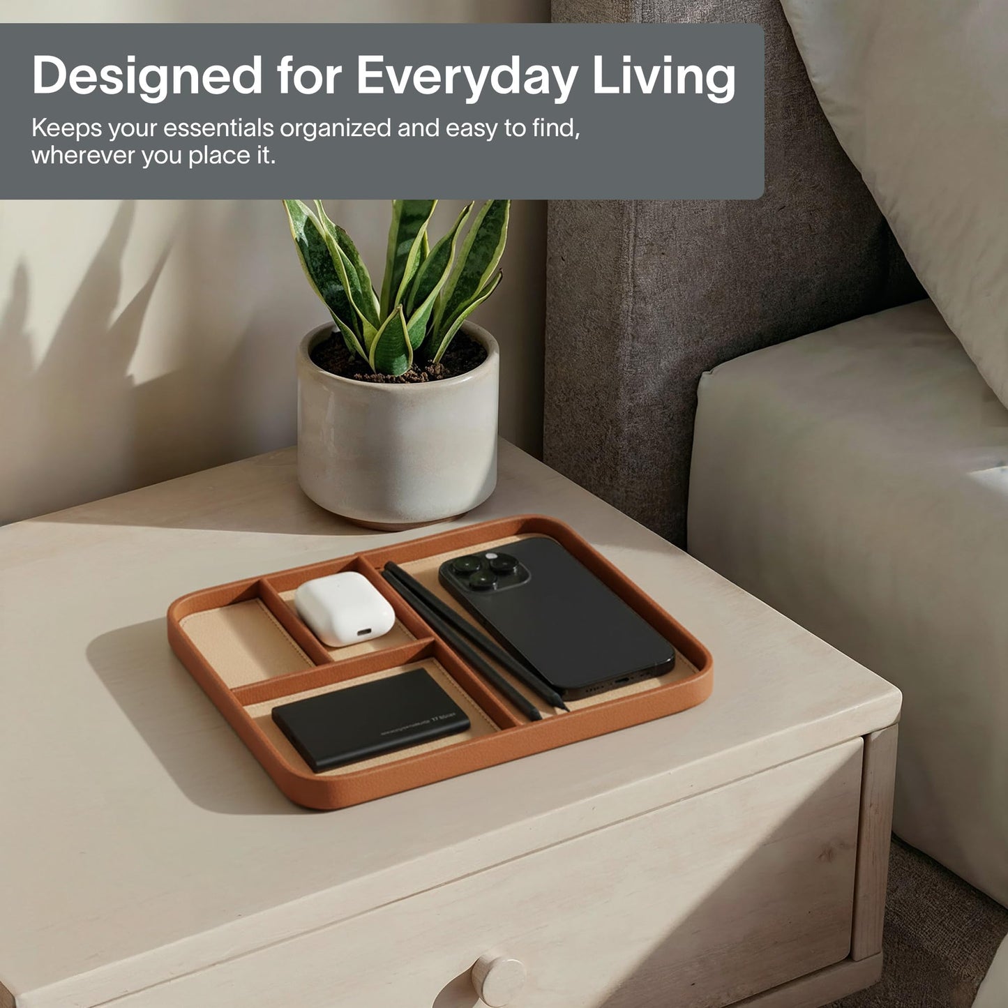 Nordik Leather Valet Tray - Sand Brown - 9.5 x 7.9 Inch Medium Vegan Leather Tray - Stylish Nightstand Organizer for Men - Modern Bedside Caddy - EDC Catchall for Key Watch Wallet Jewellery