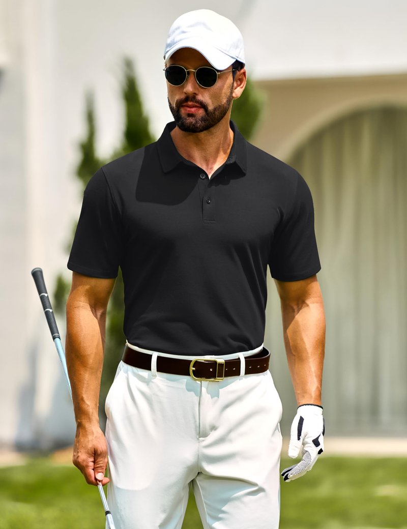 Cotrasen Men's Polo Shirts Short Sleeve Cotton Pique T-Shirts 3 Buttons Classic Fit Casual Lightweight Cooling Performance Golf Shirts Black L