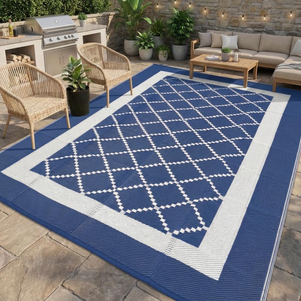 GAOMON Outdoor Rug 8x10 Patio Waterproof Reversible Plastic Straw Rug, Large UV-Resistant Portable RV Camping Mats with 4 Stakes & Carry Bag Boho Geometric Carpet for Outside Deck Porch Garden, Navy