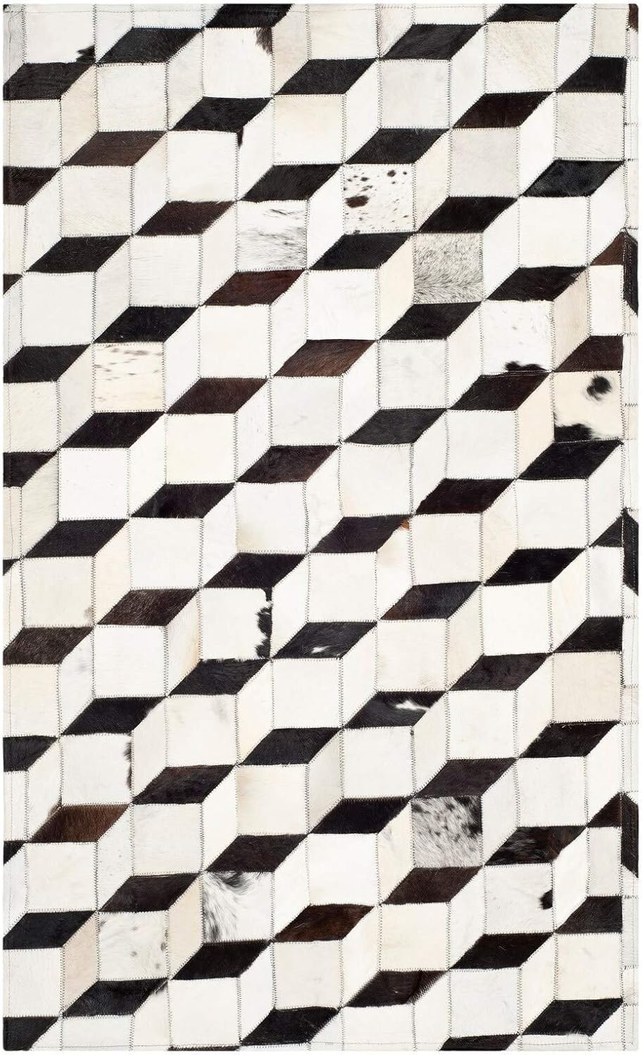 VELMONT STUDIO 3D Geometric Cowhide Area Rug – Handcrafted Black White Grey Patchwork Carpet – Modern Optical Illusion Cube Design for Living Room, Bedroom, Office – Natural Leather Feel