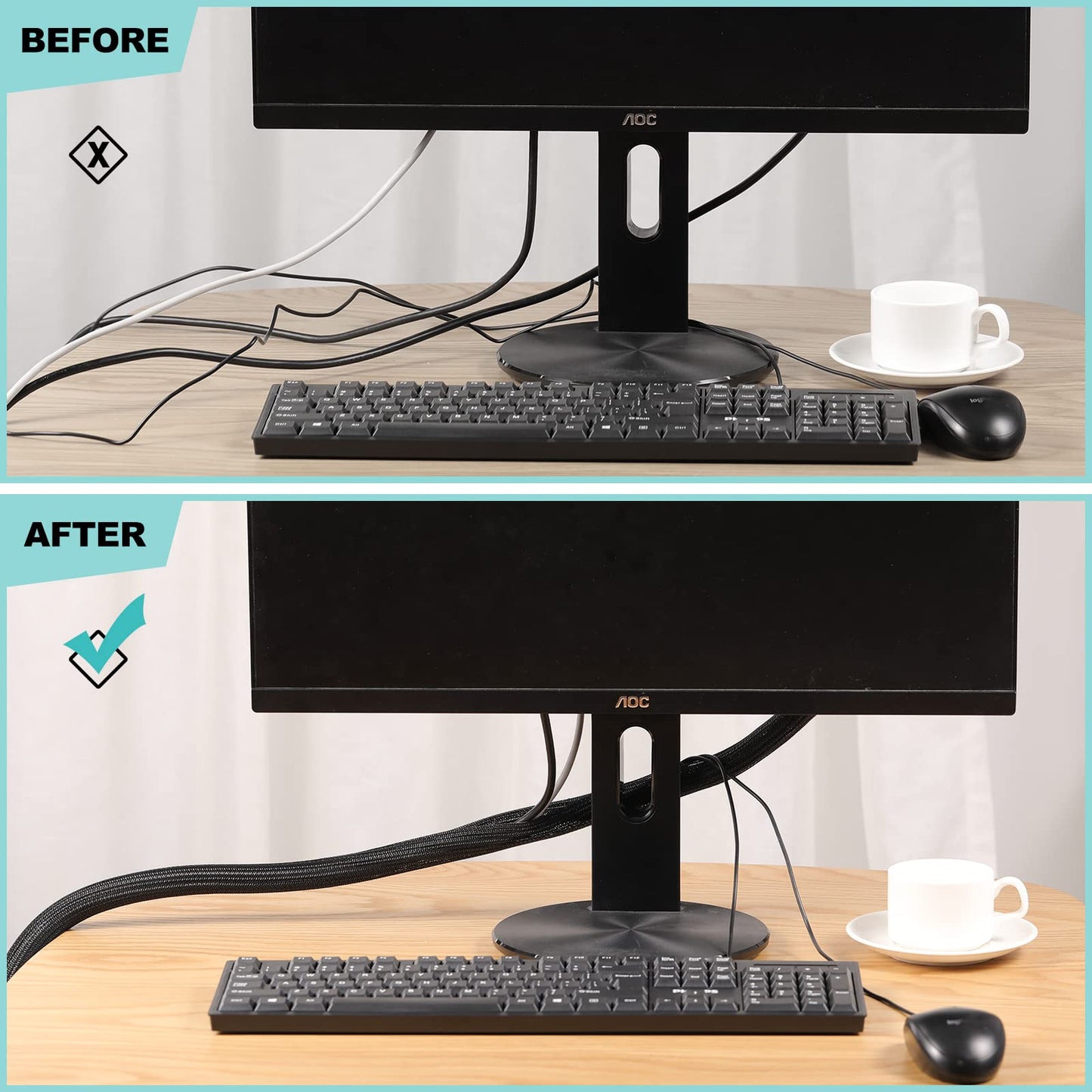 AGPTEK Cable Sleeve, 2 Pack 5ft - 1.2 Inch Cable Management, Desk Cord Cover Organizer Wire Hider for Home Office Computer TV Wire Loom Tubing, Pet Proof Cord Protector from Cat Dog Chewing, Black