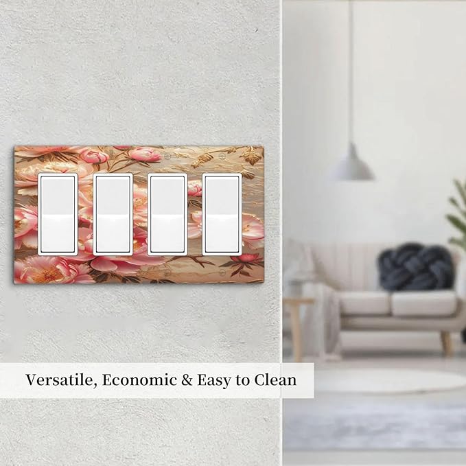 Pink Blooming Flowers Peonies Floral Light Switch Cover 4 Gang Rocker Decora Outlet Covers Wall Plate Decorative Switch plate Electrical Faceplate GFCI for Farmhouse Living Decor
