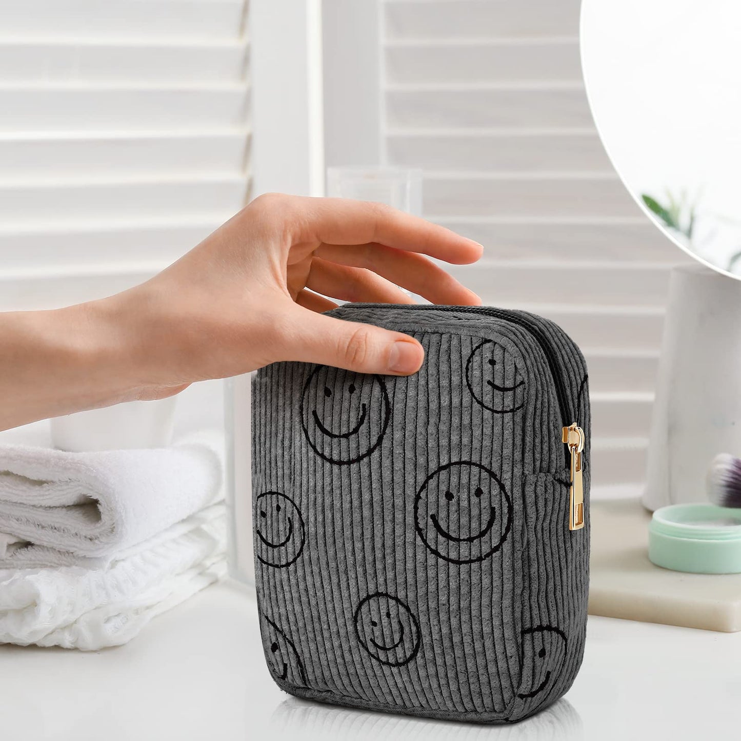 Photect 3 Pcs Small Mini Makeup Bag for Purse Corduroy Cute Cosmetic Bag Smile Face Pencil Pouch Purse Travel Makeup Bags for Women Gifts(Stylish,White, Gray, Yellow)