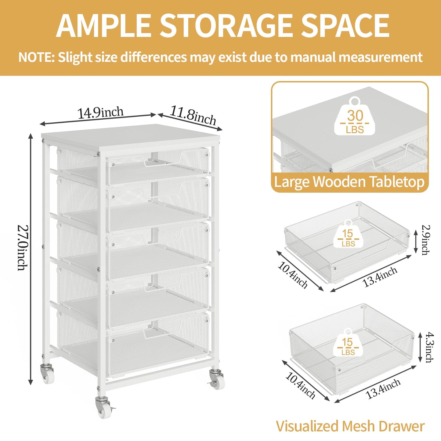 Sbanmao Utility Cart with 5 Drawers, Rolling Storage Cart with Wooden Tabletop and Lockable Wheels, Storage Drawer Cart with Drawers, Craft Cart for Bedroom, Classroom, Home, Office, White