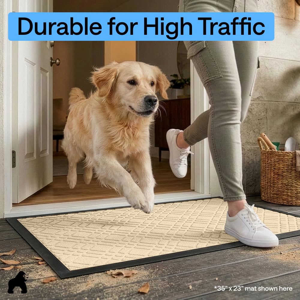 GORILLA GRIP 100% Waterproof All-Season WeatherMAX Doormat US Designed Natural Rubber, Stain and Fade Resistant, Low Profile Indoor Outdoor Door Mats, Easy Clean Patio Mat, 29x17, Modern Latte