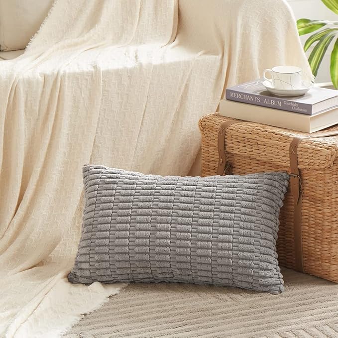 Fancy Homi Gray Decorative Throw Pillow Covers 14x24 Inch for Living Room Couch Bed Sofa, Rustic Farmhouse Boho Home Decor, Soft Striped Corduroy Square Cushion Case 35x60 cm