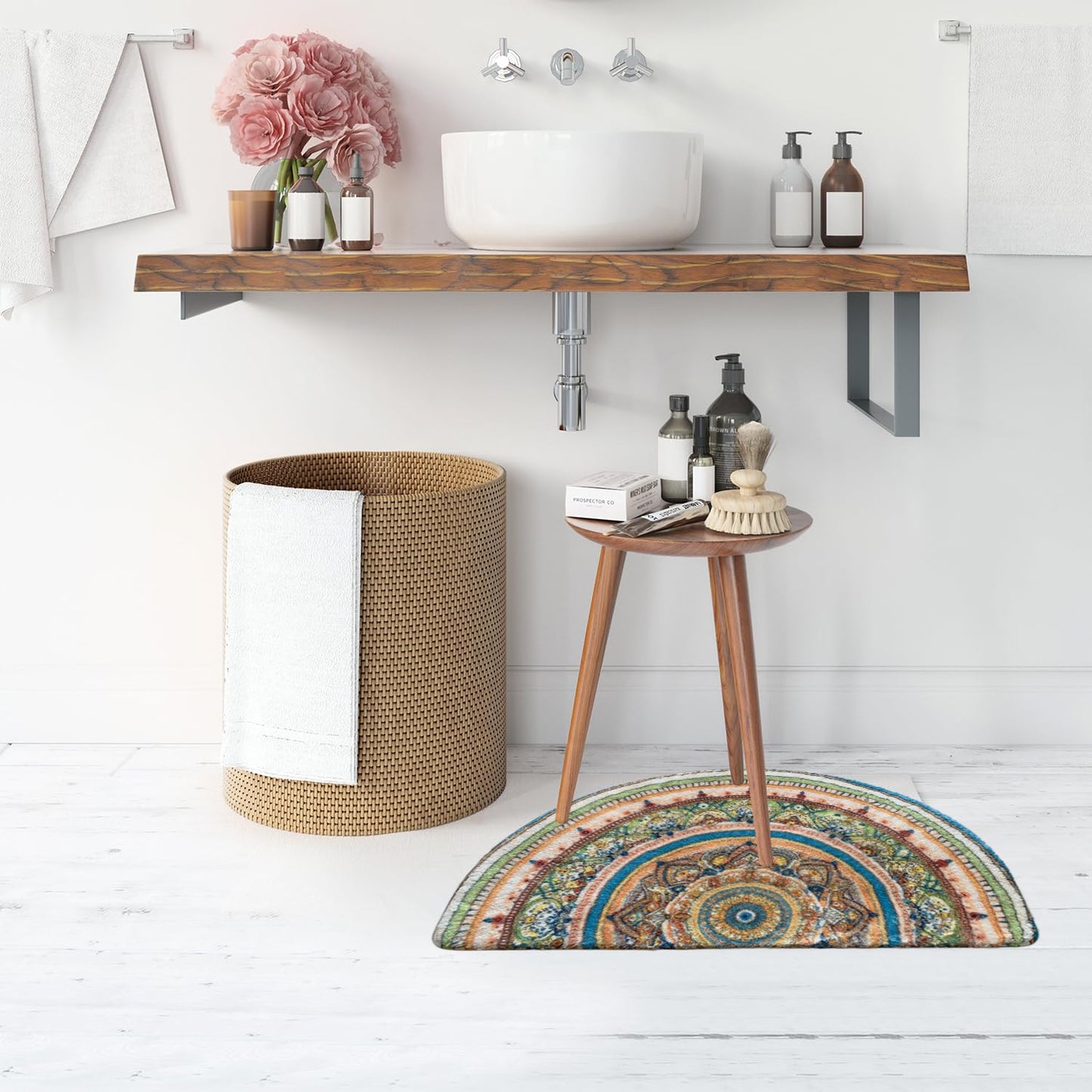 Mandala Half Round Mat Boho Semi Circle Rug Doormat Floral Bathmat Non-Slip Bathroom Rugs Floor Door Mats Half Moon Area Rug Bohemian Decor Semicircle Carpet (Green)
