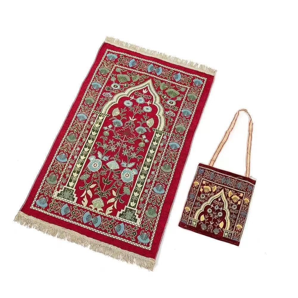 Hitopin Red 2'4" x 3'7" Traditional Floral Low Pile Nylon Prayer Rug, with Elegant Design Bags, Soft, Non-Slip, Water-Resistant, Perfect for Prayer, Ramadan, Eid al Fitr, Gift