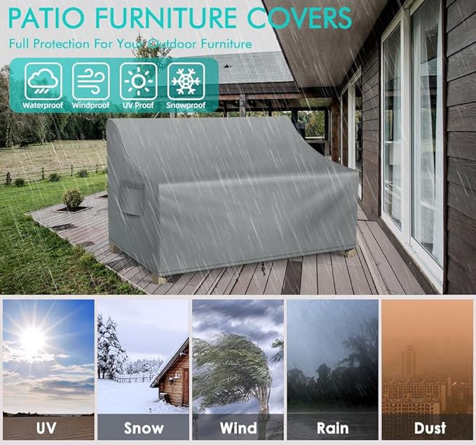 WLEAFJ Patio Sofa Cover Waterproof, Outdoor Loveseat Cover, Heavy Duty Outdoor Couch Cover, Large Lawn Patio Furniture Covers with Air Vent, 54’’ W x 37’’ D x 35’’ H, Grey