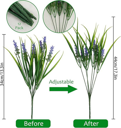 36 Bundles Artificial Plants Outdoor, 18.2" UV Resistant Faux Monkey Grass Greenery Stems No Fade Faux Plastic Flowers Shrubs for Home Weddings Garden Porch Front Patio Office Decor - Purple