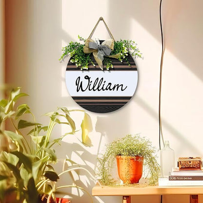 Personalized Front Door Signs with Wreath Custom Rustic Family Name Round Wooden Sign with Bow Welcome Farmhouse Customized Hello Door Hanging Sign for Home Wall Outdoor Indoor 12x12 Inch