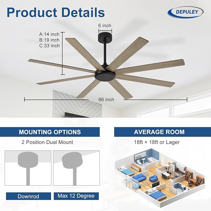 Depuley Large Ceiling Fan without Light: 66 Inch Indoor/Outdoor Fan Reversible DC Motor 6 Speed - Dual 8 Blades Big Ceiling Fans with No Light for Living Room Covered Patio, Wood Color