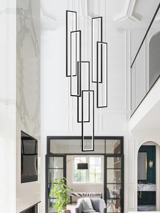 Flashing God Modern Chandelier,Black Chandelier with 6 Ring Led Foyer Chandeliers,Larger High Ceiling Chandelier for Living Room,Rectangle Chandelier for Entryway Staircase LED Dimming 2700k-6001k