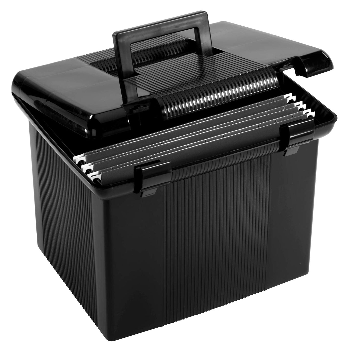 Pendaflex Portable File Box with File Rails, Simple Document Storage, File Bin for Home and Office, Hinged Lid with Double Latch Closure, Black, 3 Black Letter Size Hanging Folders Included (41742AMZ)