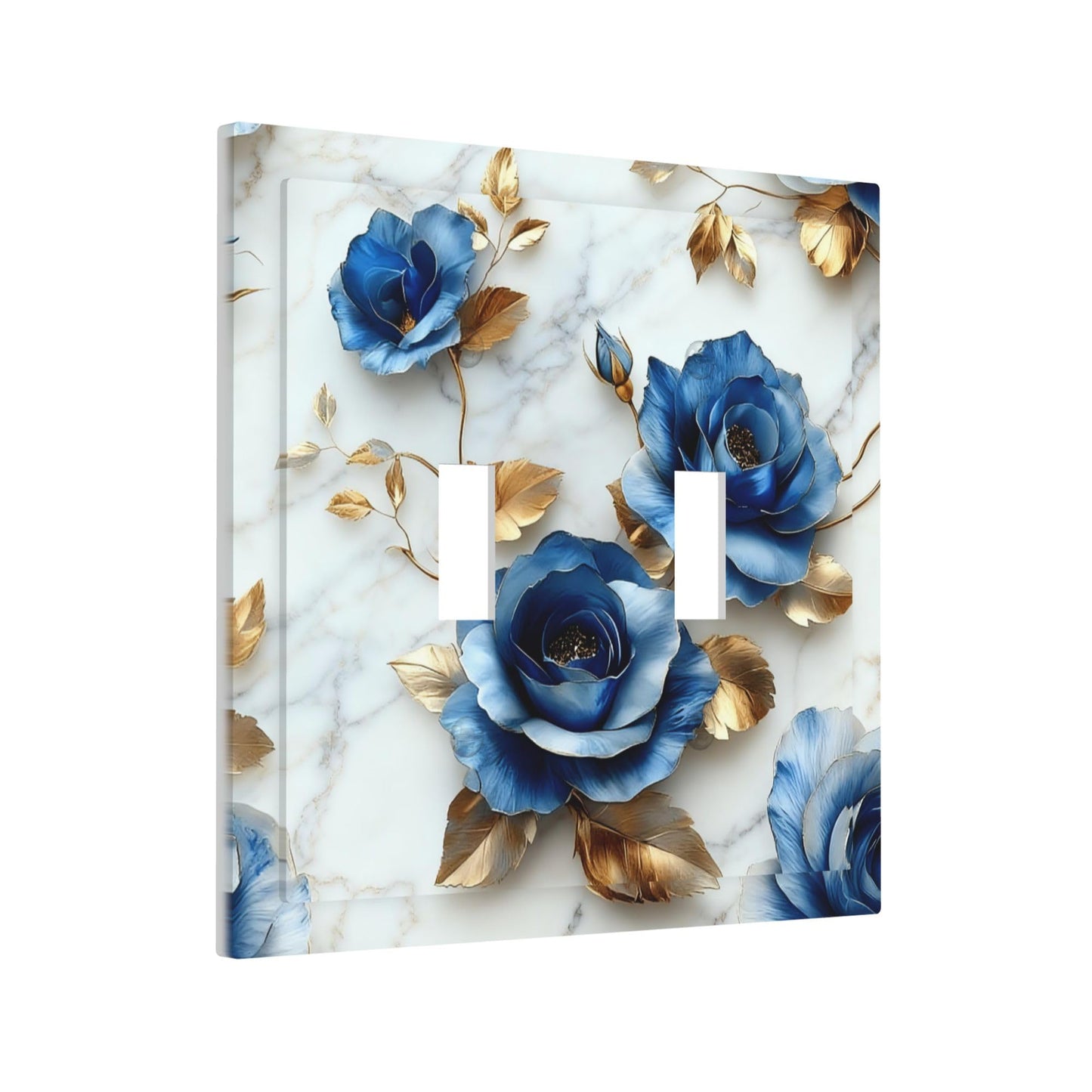 Decorative Art Light Switch Covers Gilded Blue Roses 2 Gang Double Toggle Wall Plate Decorative Switchcover Electrical Switchplate for Home Decor