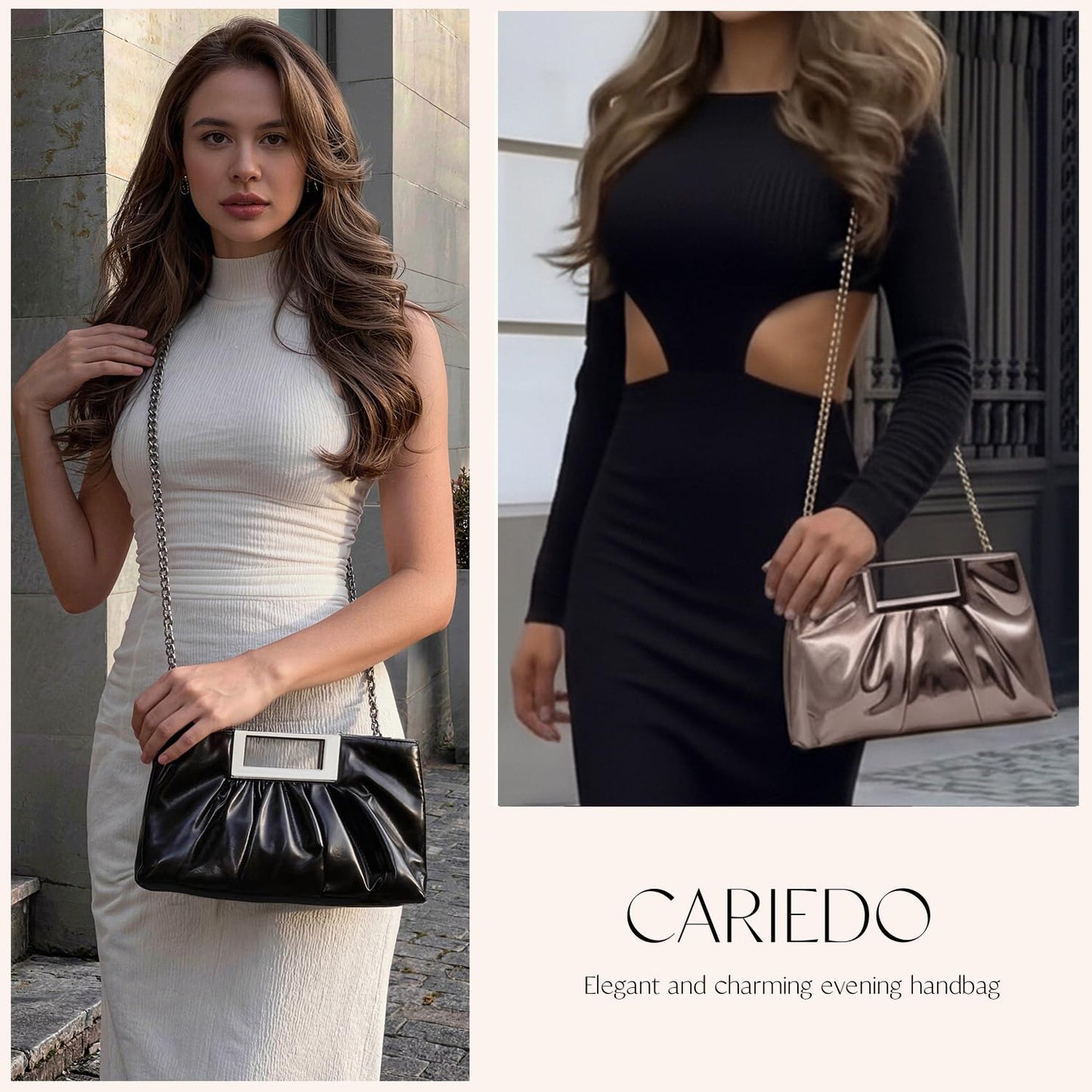 CARIEDO Evening Clutch Solid Large Pleated Shoulder Bag Bright PU Patent Leather for Formal Prom,Cocktail Party and Wedding (Black)