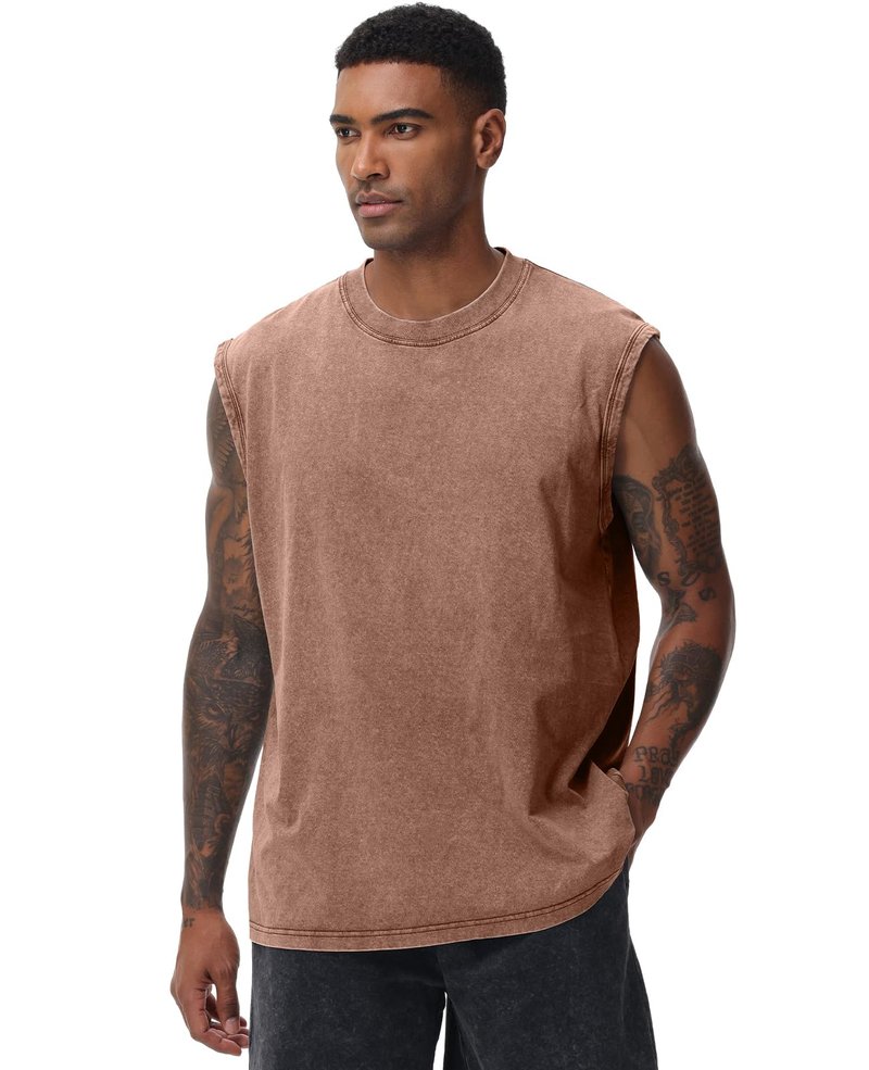 Mens Workout Tank Tops Sleeveless Tee Shirts Men Muscle Shirt Gym Acid Wash T Shirts Running Beach Loose Fit Tee(CF,3XL) Coffee
