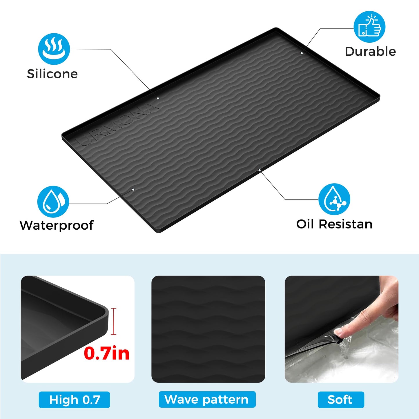 URMONA 19'' x 19'' Waterproof Silicone Under Sink Mat Cabinet and Counter Protector, Shelf Liner for Kitchen and Bathroom, Storage and Organizers, Litter Mat, Pet Cat Puppy Essentials（Black）