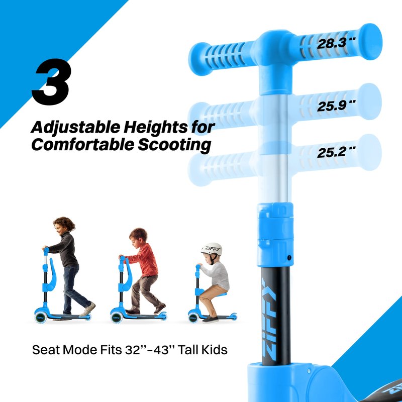 JOVA ZIFFY 2-in-1 Toddler Scooter with Seat, 3 Wheel Scooter with LED Lights, Anti-Slip Surface, Adjustable Height Handlebars and Foldable Seat, Toys for Kids Ages 3-12, Blue (Up to 110 Lbs)