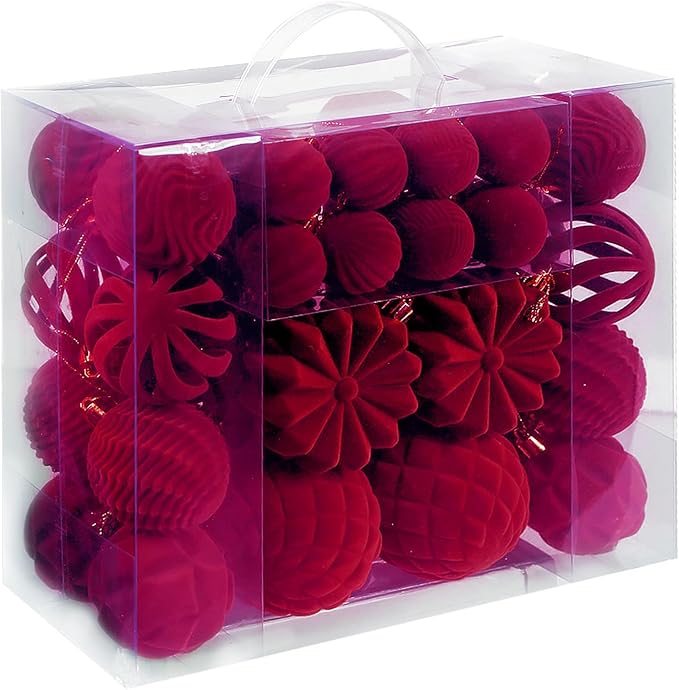 Velvet Christmas Balls 48pcs Flocked Christmas Tree Ornaments Set Shatterproof Christmas Ornaments with Hanging Rings Suitable for Xmas Tree Holiday Decor (Wine Red)