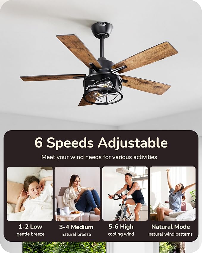 EDISHINE 42“ Farmhouse Ceiling Fans with Lights and Remote, 10%-100% Dimmable, 6 Speeds, Wood Blades, DC Reversible Motor, Timer, Noiseless, Small Rustic Ceiling Fan for Bedroom Living Room, UL Listed